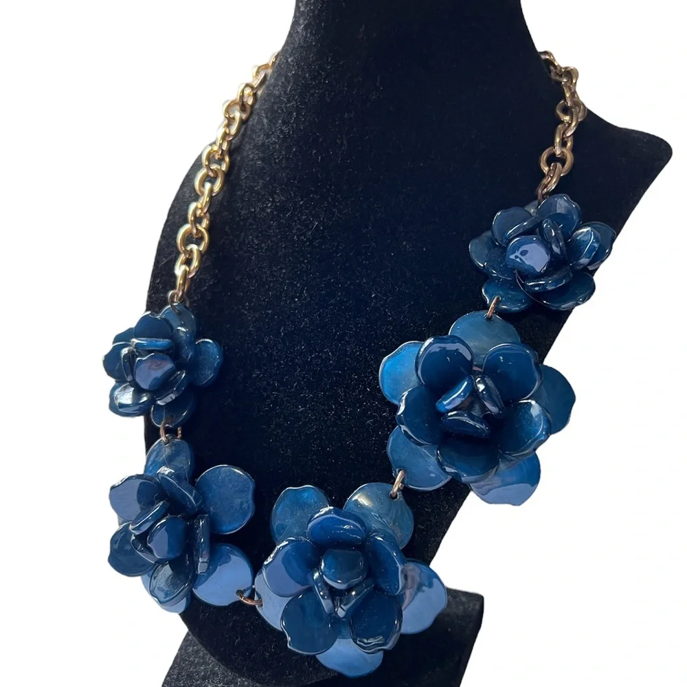 Blue Flower Statement Necklace Approximately 18 to 24 Inches - Picture 5 of 8